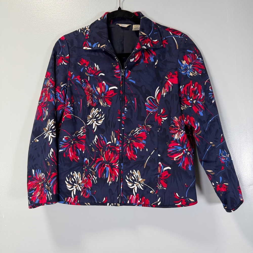 Vintage Laura Ashley Navy and Red Floral Fireworks Casual Jacket Sz Small Petite